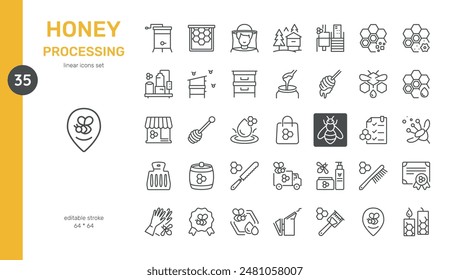 Honey Processing Vector Icons Set. Beekeeping Equipment, Honey Extraction, Honey Production, Beehives, Bees, Honeycomb, and Organic Honey. Editable Linear Collection.