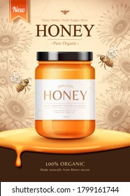 Honey product in 3d illustration on engraved sunflower background