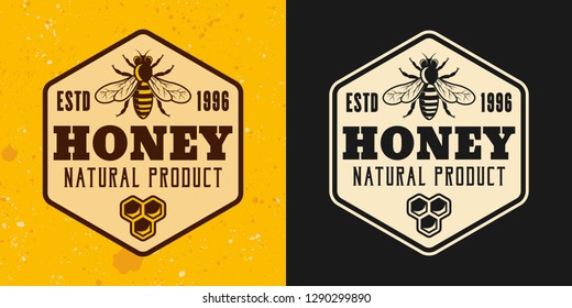 Honey product and beekeeping two colored styles vector emblem, badge, label, sticker or logo on yellow and dark background