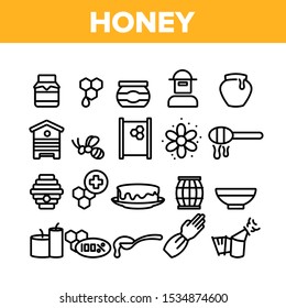 Honey Product Collection Elements Icons Set Vector Thin Line. Bottle With Honey And Bee, Flower And Honeycomb, Hive And Beekeeper Concept Linear Pictograms. Monochrome Contour Illustrations