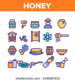 Honey Product Collection Elements Icons Set Vector Thin Line. Bottle With Honey And Bee, Flower And Honeycomb, Hive And Beekeeper Concept Linear Pictograms. Color Contour Illustrations
