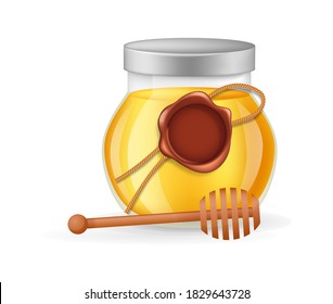 Honey product. Glass transparent jar with full of honey and wooden spoon dipper and vintage red seal wax stamp infographic on a light background vector illustration