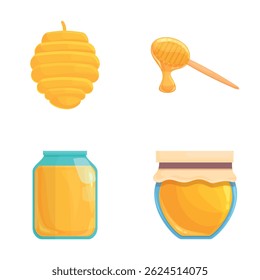Honey product icons set cartoon vector. Bee nest, honey jar and spoon. Organic food product