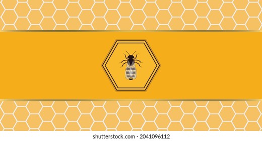 Honey product label graphic vector design with a bee inside polygon on yellow rectangle and beehive pattern on background.