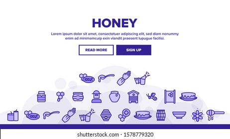 Honey Product Landing Web Page Header Banner Template Vector. Bottle With Honey And Bee, Flower And Honeycomb, Hive And Beekeeper Illustration