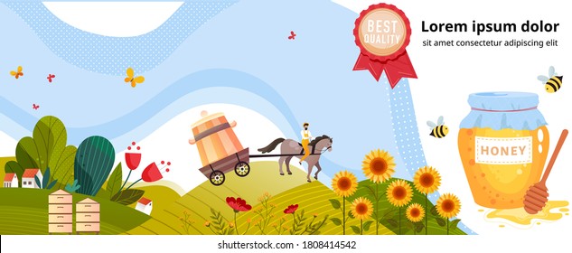 Honey production agriculture vector illustration. Cartoon flat village farmland landscape with beekeeping agricultural farm, green field and beekeeper farmer character carrying honey product for sale