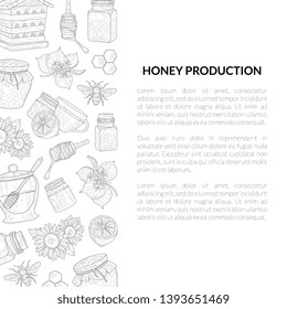 Honey Production Banner Template with Hand Drawn Pattern and Place for Text, Natural Sweet Healthy Food, Design Element Can Be Used for Card, Label, Invitation, Certificate Vector Illustration