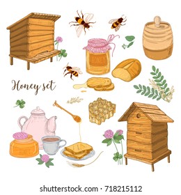 Honey production, beekeeping or apiculture set - honeycomb, man-made beehives, wooden dipper, bees, teapot hand drawn in retro style on white background. Colored vector illustration.