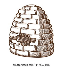 Honey production, beekeeping farm, apiary and apiculture vector isolated sketch. Beehive, agriculture and farming, organic food, bees breeding. Dwelling of natural materials or container with hole
