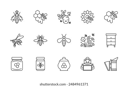 Honey production and beekeeping related icons - queen and worker bee, hive, comb, sunflower, beekeeper, flowers, apiary. Apiculture concept. Linear illustration, editable strokes, minimalist symbol