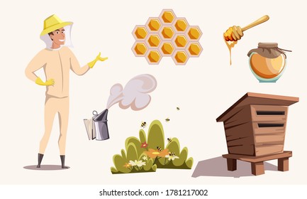 Honey production flat vector illustration. Male beekeeper in protective clothes cartoon character. Flying bees in garden collecting pollen. Organic natural product, honeycomb. Bee keeping at apiary