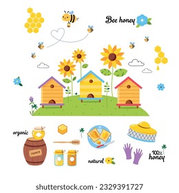 Honey production objects set. Apiary farm products and equipment, wooden barrel, dipper, safety mask and gloves cartoon vector illustration
