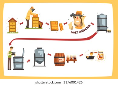 Honey production process stages, beekeepers harvesting honey and preserving in a jar cartoon vector Illustrations