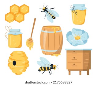 Honey production set. Collection of graphic elements with wasp and honey. Apiary, farm and beekeeper. Honeycombs and sweet liquid. Cartoon flat vector illustrations isolated on white background