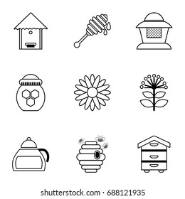 Honey production tools icons set. Outline set of 9 honey production tools vector icons for web isolated on white background