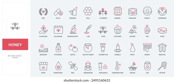 Honey products, apiary, beekeeping line icon set. Honeycomb and beehive for bees, dipper stick with organic liquid honey for breakfast dessert thin black and red outline symbols vector illustration