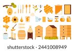 Honey products and apiary set. Beekeeping collection with honey jars and honeycomb, wooden house and hive on tree for bees, dipper stick and glass bottle, beekeepers tools cartoon vector illustration