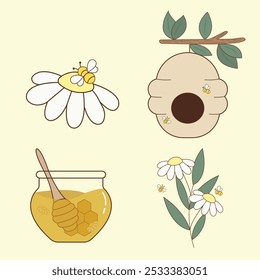 Honey products and apiary set. Beekeeping collection with honey jars and honeycomb,  and hive on tree for bees, dipper stick and glass bottle, beekeepers tools cartoon vector illustration