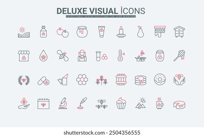 Honey products, beekeeper and apiary line icon set. Certificate for honey, bee and hive, hexagon honeycomb and wax for candle, dipper and jar thin black and red outline symbols vector illustration