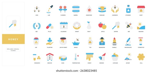 Honey products, beekeeper tools and apiary farm, beehive and bee, beeswax color icon set. Jar of liquid honey for pancakes, wax and candle, smoker and barrel, hexagon cells flat vector illustration