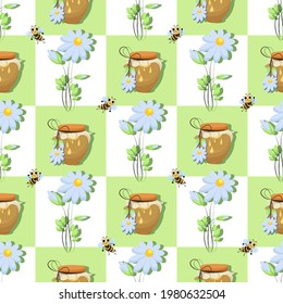 Honey products, bees. Vector checkered background. Honey, flowers and bee swarm on seamless pattern.