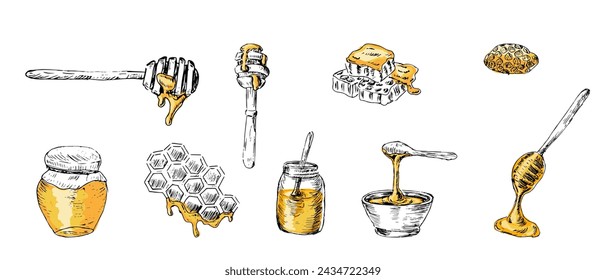 Honey products comb, jar in hand drawn sketch in color - big set. Vector illustration can used for wrapping paper, label, poster, cards. Engraved or ink vector honey illustrations. 