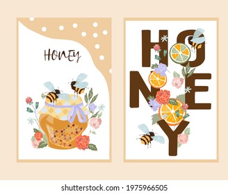 Honey products emblems or labels, banner or flyers set,  flat vector illustration. Colorful image of honey with flying bees and decorative floral elements for packs design and apiary store.