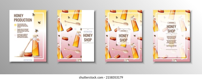 Honey products flyer set. Honey shop, honey bank, honeycombs. Template, cover, poster in a4 size for business