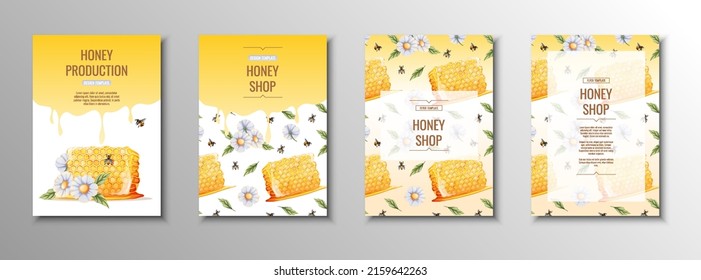 Honey Products Flyer Set. Honey Shop, Honey Bank, Honeycombs. Template, Cover, Poster In A4 Size For Business