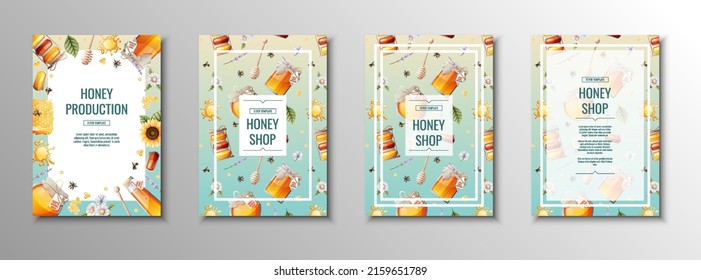 Honey products flyer set. Honey shop, honey bank, honeycombs. Template, cover, poster in a4 size for business