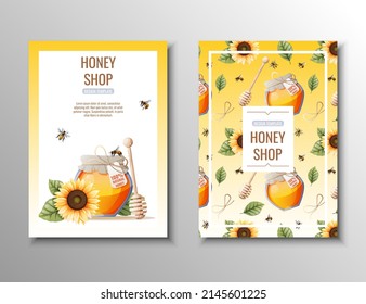 Honey products flyer template. Honey store, useful healthy product. Banner, flyer, poster, brochure in a4 format for advertising honey products