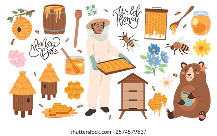 Honey products. Funny beekeeper, woman in protective suit, holds honeycomb, bees, beehives, flowers and bear, apiary icons, hand drawn lettering, cartoon flat isolated tidy vector set