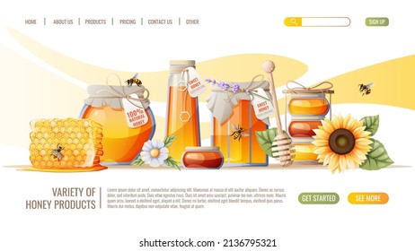 Honigprodukte. Honigwaben, Honig, Bienen. Webseitendesign-Vorlage für Honey Shop. Vektorgrafik für Banner, Werbung, Webseite, Cover