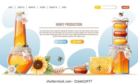 Honey products. Honeycombs, jar of honey, bees. Honey shop webpage design template. Vector illustration for banner, advertisement, web page, cover