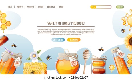 Honey products. Honeycombs, jar of honey, bees. Honey shop webpage design template. Vector illustration for banner, advertisement, web page, cover