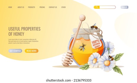 Productos de miel. Jar de miel, abejas. Plantilla de diseño de página web de Honey shop. Ilustración vectorial para banner, publicidad, página web, portada.