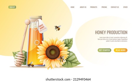 Honey products. Honey jar, sunflower, bees. Honey shop webpage design template. Vector illustration for banner, advertisement, web page, cover