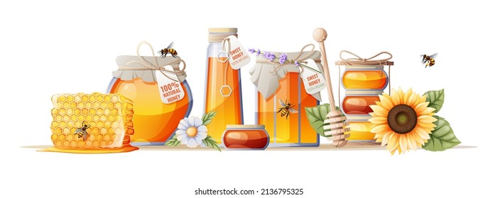 Honey products, natural organic product. Vector illustration of jars of honey, honeycomb, sunflower, wooden spoon. Healthy food