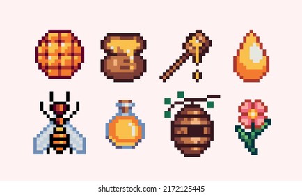 Juego de píxeles de productos de miel. Honeycomb, abeja, tarros, colecta de colmenas. Sprite de 8 bits. Desarrollo de juegos, aplicación móvil.  Ilustración vectorial aislada.