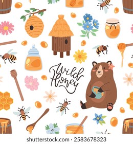 Honey products seamless pattern. Cartoon bees, apiary elements, repeated funny beehives, flowers, bear, natural food. Decor textile, wrapping, wallpaper. Print for fabric tidy vector background