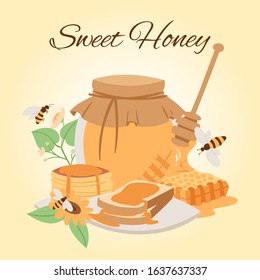 Honey products vector cartoon illustrations. Honey jar, bees, honeycomb pieces and puncakes. Organic and natural honey. Sunflower and bee food. Sweet organic food poster.