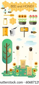 Honey products vector flat illustrations. Organic and natural honey. Banks of honey, bees, honeycombs, bee hives, sunflower isolated on white.
Meadow with clover and sunflowers.Honey business.