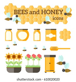 Honey products vector flat illustrations. Organic and natural honey. Banks of honey, bees, honeycombs, bee hives, 
sunflowers, clover and milk thistle.