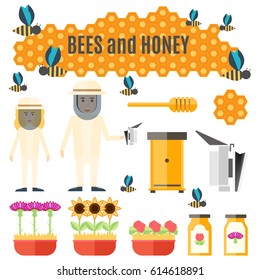 Honey products vector flat illustrations. Organic and natural honey. Banks of honey, bees, honeycombs, bee hives, 
sunflowers, clover and milk thistle.