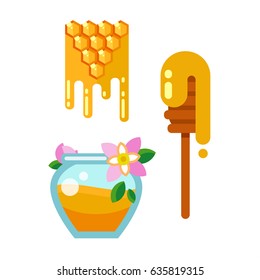 Honey products vector flat illustrations. Honey in jar and other honey products. Organic and natural honey. Honeycombs, bee hives, sunflower isolated on white background.