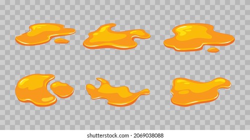 Honey puddle set on transparent background. Spillage of liquid, juice. Vector cartoon illustration.