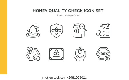 Honey Quality Check Icon Set. Includes Icons for Honey Droplets, Quality Shield, Inspected Honey Jar, Checklist, Certificate, Bee Hands, 100% Guarantee, and Honeycomb Testing. Perfect for Beekeeping.