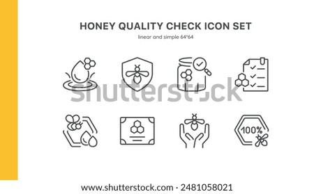 Honey Quality Check Icon Set. Includes Icons for Honey Droplets, Quality Shield, Inspected Honey Jar, Checklist, Certificate, Bee Hands, 100% Guarantee, and Honeycomb Testing. Perfect for Beekeeping.