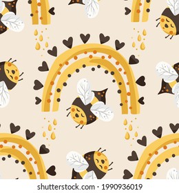 Honey rainbow cute bee insect summer seamless pattern background. Cartoon baby fly nature design. Vector illustration sweet textile design.