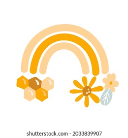 Honey rainbow vector illustration scandinavian. Honey-hued arc honeycomb shapes abstract geometric print child design.